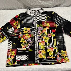 Sportelle Floral Patchwork  Jacket - Black, Red, Yellow 3/4 sleeve zip up 2x